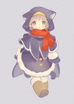  :o animal_hood bad_id bad_pixiv_id blush boots brown_footwear buttons cat_hood fur_trim green_eyes grey_hair highres hood long_sleeves mittens okayu_(headless) open_mouth pantyhose polka_dot polka_dot_background red_scarf sanya_v_litvyak scarf short_hair solo strike_witches white_legwear world_witches_series 