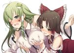  ascot bare_shoulders benikurage blush bow breast_grab breasts breath brown_eyes brown_hair cookie_(touhou) detached_sleeves downscaled facepaint flying_sweatdrops frog_hair_ornament grabbing green_hair hair_bow hair_ornament hair_ribbon hair_tubes hakurei_reimu japanese_clothes jpeg_artifacts kochiya_sanae large_breasts long_hair long_sleeves md5_mismatch miko multiple_girls mutsutake one_eye_closed open_mouth paseri_(cookie) resized ribbon sarashi shirt short_hair simple_background skirt skirt_set snake_hair_ornament sweat tears touhou white_background wide_sleeves yuri 