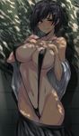  black_hair black_swimsuit blush breast_suppress breasts cleavage covered_nipples dappled_sunlight hair_ornament hairclip highres large_breasts looking_at_viewer navel off_shoulder original pleated_skirt short_hair skirt skirt_pull slingshot_swimsuit smile solo sunlight swimsuit tan tanline ulrich_(tagaragakuin) 