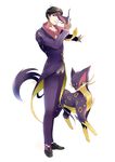  absurdres artist_name black_footwear dated formal full_body gen_5_pokemon green_eyes highres kitaro2000 liepard male_focus mask mask_removed moemon necktie outstretched_arm personification pokemon pokemon_(creature) purple_legwear purple_suit shoes suit white_background yellow_neckwear 