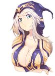  absurdres aqua_eyes ashe_(league_of_legends) blush breast_hold breasts cleavage highres hood large_breasts league_of_legends looking_at_viewer mole mole_on_breast pingqiong_xiansheng solo tryndamere wavy_mouth when_you_see_it white_hair 