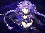  bangs black_legwear blue_eyes braid breasts cleavage covered_navel emblem from_above gloves hair_ornament holding holding_weapon inamori_(azcat) leotard light_smile long_hair looking_at_viewer magical_girl medium_breasts neptune_(series) outstretched_arms power_symbol purple_hair purple_heart smile solo spread_arms sword symbol-shaped_pupils thigh_gap thighhighs twin_braids vambraces very_long_hair weapon 