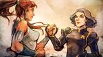  arashicat armor avatar_(series) brown_hair dark_skin fist_bump green_eyes grey_hair korra lin_bei_fong multiple_girls the_legend_of_korra 