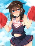  ahoge blue_eyes braid cheerleader hair_flaps hair_ornament hair_over_shoulder hair_ribbon kantai_collection long_hair pom_poms remodel_(kantai_collection) ribbon shigure_(kantai_collection) shisei_(kyuushoku_banchou) single_braid smile solo 