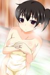  breasts brown_eyes brown_hair commentary covering covering_chest highres jewelry kaga_(kantai_collection) kantai_collection looking_at_viewer medium_breasts nishi_koutarou nude_cover onsen ring side_ponytail solo steam towel 