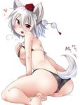  aki_(akikaze_asparagus) alternate_costume animal_ears ass barefoot bikini black_bikini blush breasts cameltoe hat inubashiri_momiji large_breasts looking_at_viewer open_mouth red_eyes short_hair simple_background smile solo swimsuit tail tail_wagging tan tokin_hat touhou white_background white_hair wolf_ears wolf_tail 