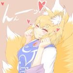 animal_ears blonde_hair blush closed_eyes cube85 dress eating fang fox_ears fox_tail heart long_sleeves multiple_tails no_hat no_headwear solo table tail touhou upper_body white_dress wide_sleeves yakumo_ran 