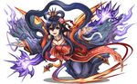  1girl black_hair claws dress hair_rings izanami_(p&amp;d) long_hair looking_at_viewer magatama neckerchief official_art open_clothes open_shirt outstretched_arms payot purple_dress purple_eyes puzzle_&amp;_dragons shaded_face shirt sidelocks simple_background smile snake solo youichi 