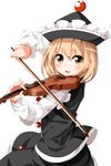  blonde_hair bow_(instrument) hat instrument long_sleeves looking_at_viewer lunasa_prismriver music open_mouth playing_instrument ruu_(tksymkw) shirt skirt skirt_set smile solo touhou vest violin yellow_eyes 