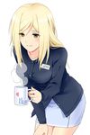  blonde_hair cardigan character_name cup higurashi_no_naku_koro_ni leaning_forward mug mug_writing skirt smile solo steam takano_miyo yellow_eyes yuumare 