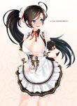  absurdres apron bad_id bad_pixiv_id black_hair blue_eyes blush breasts closers highres huge_breasts korean lactation long_hair maid narynn nipples ponytail smile solo yuri_seo 