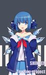  adapted_costume aoe_nika aoe_nika_(cosplay) bare_shoulders blue_eyes blue_hair cirno collarbone copyright_name cosplay hair_ribbon highres ice ice_wings jacket llc open_clothes open_jacket open_mouth ribbon shinken!! shirt skirt smile solo touhou twintails wings 