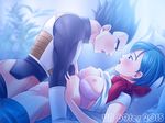  1girl black_hair blue_hair blurry blush bra breasts bulma clothed_sex couple denim depth_of_field dragon dragon_ball dragon_ball_z dragon_ball_z_fukkatsu_no_f earrings hetero husband_and_wife jeans jewelry kacha_(xcachax) missionary nipples pants plant saliva saliva_trail scarf sex shiny shiny_skin underwear vegeta 