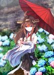  ahoge bare_shoulders blush boots brown_hair commentary_request detached_sleeves double_bun flower hairband headgear highres hydrangea japanese_clothes kantai_collection kongou_(kantai_collection) konkito long_hair looking_at_viewer nontraditional_miko oriental_umbrella purple_eyes skirt smile solo thigh_boots thighhighs umbrella wide_sleeves 