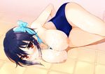  arm_behind_back between_breasts black_hair blush bow breasts breasts_outside competition_school_swimsuit cum cum_on_body cum_on_breasts cum_on_hair cum_on_upper_body facial hair_bow large_breasts looking_at_viewer lying mirei mole mole_under_eye nipples nisekoi on_floor on_side one-piece_swimsuit red_eyes short_hair solo swimsuit tile_floor tiles tsugumi_seishirou 