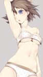  ;o arm_up armpits blue_eyes blush breasts brown_hair cleavage collarbone cowboy_shot grey_background hair_between_eyes head_tilt hiei_(kantai_collection) highres kantai_collection looking_at_viewer medium_breasts navel nilitsu one_eye_closed panties resized short_hair simple_background solo sports_bra star star_print stomach strap_slip underboob underwear underwear_only upscaled 
