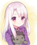  1girl 2018 absurdres aizawa85 bangs berserker character_doll dated eyebrows_visible_through_hair fate/stay_night fate_(series) highres illyasviel_von_einzbern long_hair looking_at_viewer purple_eyes purple_shirt shirt silver_hair smile solo upper_body 