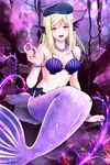  blonde_hair bottle breasts cleavage head_fins higurashi_no_naku_koro_ni jewelry medium_breasts mermaid monster_girl monsterification nail_polish necklace open_mouth pearl_necklace shell shell_bikini smile solo takano_miyo thorns yellow_eyes yuumare 