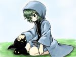  androgynous anmita_(rarutos) bad_id bad_twitter_id green_eyes green_hair hood hooded_jacket hoodie jacket len'en necktie petting puffy_pants shitodo_aoji short_hair shorts sitting smile solo tadpole wariza 