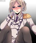  blush breasts epaulettes folded_ponytail glasses green_eyes kantai_collection katori_(kantai_collection) medium_breasts military military_uniform pantyhose parted_lips shisei_(kyuushoku_banchou) smile solo thighband_pantyhose uniform 