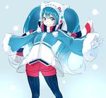  blue_eyes blue_hair borrowed_design gloves gradient_hair hatsune_miku legwear_under_shorts long_hair looking_at_viewer moochirin multicolored_hair pantyhose scarf shorts smile snowflakes solo striped striped_scarf twintails very_long_hair vocaloid white_gloves wide_sleeves yuki_miku 