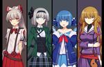  adapted_costume alternate_costume aoe_nika aoe_nika_(cosplay) bare_shoulders belt black_gloves blazer blonde_hair blue_eyes blue_hair bow bowtie cirno closed_fan collarbone cosplay dress fan folding_fan fujiwara_no_mokou gloves green_eyes hair_bow hair_ribbon highres ice ice_wings jacket kanbe_taima kanbe_taima_(cosplay) kasen_mutsumi katana konpaku_youmu llc long_hair looking_at_viewer loose_belt multiple_girls open_blazer open_clothes open_jacket open_mouth osafune_ataki osafune_ataki_(cosplay) peace_symbol ponytail purple_dress purple_eyes red_eyes ribbon sash shinken!! shirt silver_hair skirt smile suspenders sword touhou tress_ribbon twintails very_long_hair weapon wings yakumo_yukari 