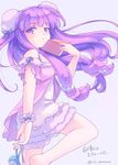  alternate_costume alternate_headwear bare_shoulders book bun_cover double_bun gradient gradient_background hair_ornament iris_anemone jpeg_artifacts long_hair looking_to_the_side off_shoulder open_book patchouli_knowledge purple_eyes purple_hair shirt shoes_removed short_sleeves shorts simple_background solo text_focus touhou twitter_username vest wrist_cuffs 