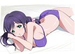  aqua_eyes bikini breasts large_breasts long_hair looking_at_viewer love_live! love_live!_school_idol_project low_twintails lying on_stomach pink_scrunchie purple_hair scrunchie sideboob solo swimsuit tonbi toujou_nozomi twintails 