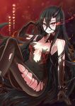  bangs bare_shoulders battleship_water_oni black_hair blush bracelet crossed_bangs crossed_legs elbow_gloves gloves glowing glowing_eyes hair_between_eyes horn jewelry kantai_collection licking_lips long_hair long_legs looking_at_viewer naughty_face pale_skin red_eyes shinkaisei-kan solo spiked_bracelet spikes sud_(sudea) tongue tongue_out torn_clothes translated very_long_hair 