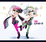  :d aori_(splatoon) beamed_eighth_notes beamed_sixteenth_notes black_hair closed_eyes cousins detached_collar domino_mask earrings eighth_note eyebrows fangs food food_on_head gloves grin hair_rings highres hotaru_(splatoon) jewelry letterboxed long_hair mask mole mole_under_eye multiple_girls musical_note object_on_head open_mouth orange_eyes pantyhose pointy_ears quarter_note samidare_(okayou) short_hair short_jumpsuit silver_hair smile splatoon_(series) splatoon_1 sushi tentacle_hair thick_eyebrows white_gloves 