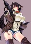  ahoge animal_ears black_hair black_legwear boots breasts brown_eyes chain collar covered_nipples denim denim_shorts dog_collar gen_(black_factory) gun highres holding holding_gun holding_weapon imi_uzi jacket large_breasts open_clothes open_jacket original parted_lips ribbed_sweater short_hair short_shorts shorts simple_background solo submachine_gun sweater tail thigh_boots thighhighs trigger_discipline turtleneck weapon wolf_ears wolf_tail 