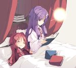  2girls alternate_costume blanket blush book book_stack capelet curtains eyes_closed head_wings koakuma light long_sleeves looking_down lying multiple_girls no_hat on_bed on_side open_book open_mouth patchouli_knowledge pillow profile purple_eyes purple_hair reading satou_kibi sitting sleeping touhou wide_sleeves 