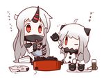 ahoge chibi claws cooking detached_sleeves horn horns kantai_collection long_hair mittens multiple_girls northern_ocean_hime nuu_(nu-nyu) one_eye_closed pale_skin red_eyes seaport_hime shinkaisei-kan sitting stirring translated white_hair 