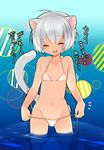  animal_ears bikini bikini_pull blush bulge cat_ears cat_tail catboy closed_eyes crossdressing fang flat_chest groin kamiyoshi_rika male_focus navel open_mouth original otoko_no_ko silver_hair smile solo string_bikini swimsuit tail thoto too_bad!_it_was_just_me! translated wading water 