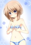  absurdres blanc blue_bra blue_eyes blue_panties blush bow bow_bra bow_panties bra breast_conscious breasts brown_hair collarbone d-pad groin highres navel neptune_(series) open_mouth panties short_hair small_breasts snowflakes solo underwear underwear_only zero-theme 