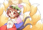  :3 :d animal_ears blonde_hair brown_eyes brown_hair cat_ears cat_tail chen dress fang fox_tail green_hat hand_on_another's_head hat ibaraki_natou jewelry long_hair long_sleeves mob_cap multiple_girls multiple_tails nekomata open_mouth red_dress short_hair single_earring smile tabard tail touhou twitter_username yakumo_ran 