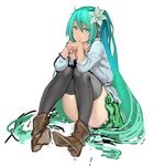  ankle_boots aqua_eyes aqua_hair belt_boots black_legwear boots brown_footwear fasces flower green_skirt hair_flower hair_ornament hatsune_miku headphones knees_up long_hair looking_at_viewer sitting skirt smile solo thighhighs twintails unfinished very_long_hair vocaloid 