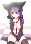  animal_hood between_breasts breasts cat_hood eyepatch finger_to_mouth highres hood hooded_jacket jacket joko_jmc kantai_collection large_breasts looking_at_viewer naked_coat necktie necktie_between_breasts nipple_slip nipples no_shirt open_clothes open_jacket purple_hair short_hair sitting solo tenryuu_(kantai_collection) thighhighs wariza yellow_eyes 