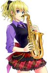  black_neckwear blonde_hair blue_eyes bow chain hair_bow instrument necktie plaid plaid_skirt ponytail saxophone skirt smile solo umineko_no_naku_koro_ni ushiromiya_jessica vest yuumare 