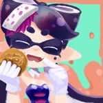  :d aori_(splatoon) black_hair closed_eyes detached_collar domino_mask fangs food food_on_head gloves hair_rings holding long_hair lowres mask mizore_ame mole mole_under_eye object_on_head open_mouth smile solo splatoon_(series) splatoon_1 sushi tentacle_hair upper_body white_gloves 