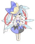  barefoot blue_eyes blue_hair candy cirno cosplay food hat lollipop lowres poketto ribbon shiki_eiki shiki_eiki_(cosplay) short_hair solo swirl_lollipop touhou wings 