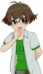  akizuki_ryou antenna_hair brown_eyes brown_hair glasses idolmaster idolmaster_dearly_stars male_focus non-web_source open_clothes open_mouth open_shirt otoko_no_ko shirt short_hair solo transparent_background 