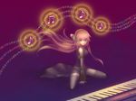  a76gma aqua_eyes beamed_eighth_notes eighth_note headphones instrument keyboard_(instrument) kneeling long_hair megurine_luka musical_note pink_hair sixteenth_note skirt smile solo thighhighs vocaloid zettai_ryouiki 