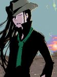  black_hair casual closed_eyes contemporary cowboy_hat guilty_gear hat long_hair lowres male_focus manly necktie oekaki solo testament_(guilty_gear) 