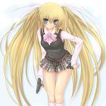  bad_id bad_pixiv_id blonde_hair blue_eyes bow gun handgun little_busters! long_hair pink_bow pistol plaid plaid_skirt ribbon sato_toshiya school_uniform skirt solo thigh_strap tokido_saya twintails very_long_hair weapon 