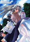  akai_maruboro fubuki_(kamen_no_maid_guy) highres kamen_no_maid_guy lingerie long_hair maid multiple_girls silver_eyes silver_hair thighhighs underwear wind wind_lift 