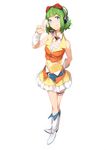  belt blue_eyes boots full_body goggles goggles_on_head green_hair gumi headphones headset midriff mitosa short_hair simple_background skirt smile solo standing v vocaloid wrist_cuffs 