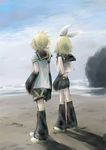  1girl air_0 back bad_id bad_pixiv_id beach brother_and_sister day highres kagamine_len kagamine_rin ocean outdoors sand shadow siblings sketch sky twins vocaloid 