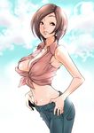  armpits breasts brown_eyes brown_hair casual cleavage denim front-tie_top hirabaru_kenji jeans large_breasts lips meiko midriff navel pants short_hair smile solo vocaloid 