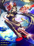  amulet ankle_gun bad_id bad_pixiv_id bat bayonetta bayonetta_(character) black_hair bodysuit breasts cleavage cleavage_cutout earrings engrish glasses gun hair_ribbon handgun high_heels highres jewelry large_breasts long_hair mole mole_under_mouth moon quadruple_wielding ranguage ribbon shin'ya_(midnight_rain) shoes solo text_focus very_long_hair weapon yellow_eyes 